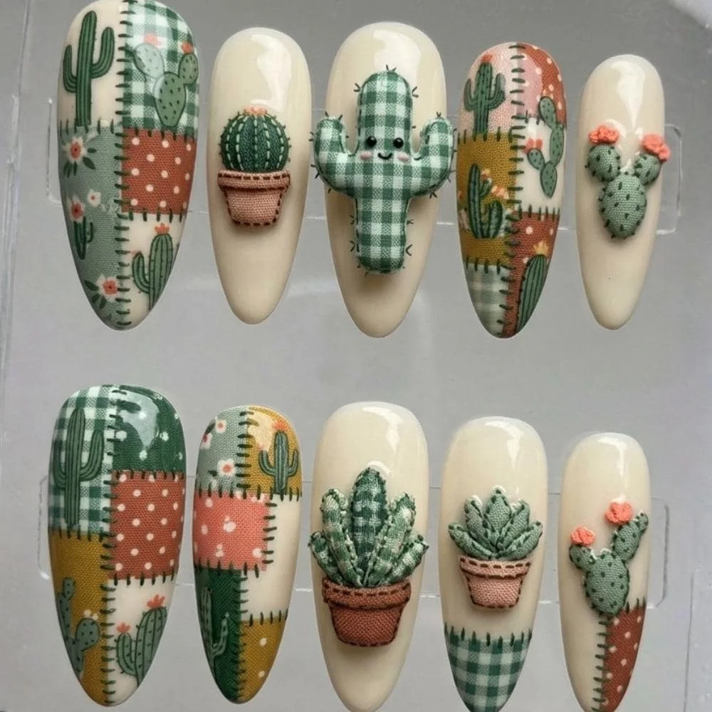 3D cactus nails, press on nails, custom press on nails, fake nails, Nails Art, stained glass nails, gold press on nails, 3d press on nails, luxury press on nails, handmade press on nails