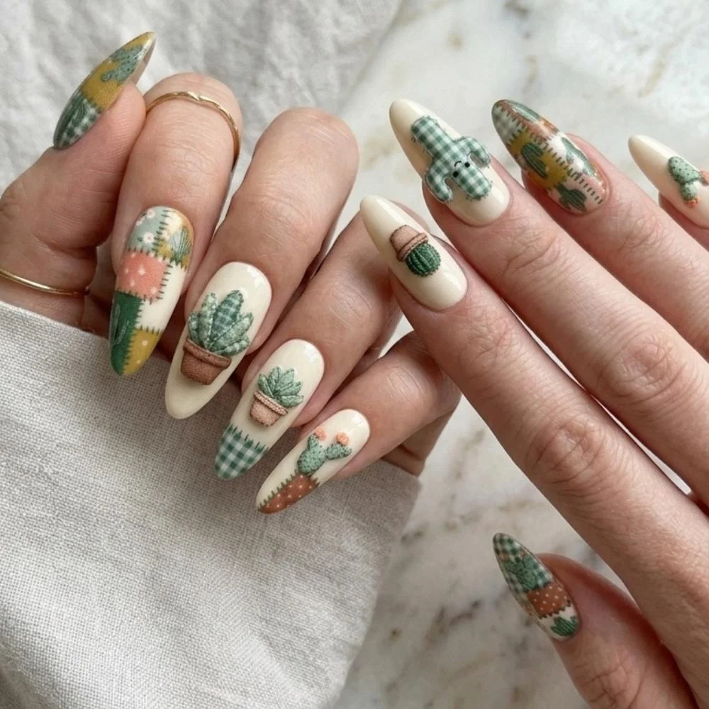 desert cactus, boho nail design, press on nails, custom press on nails, fake nails, Nails Art, stained glass nails, gold press on nails, 3d press on nails, luxury press on nails, handmade press on nails
