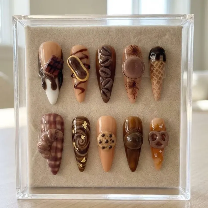 3D café romance, gourmet press on, press on nails, custom press on nails, fake nails, Nails Art, stained glass nails, gold press on nails, 3d press on nails, luxury press on nails, handmade press on nails
