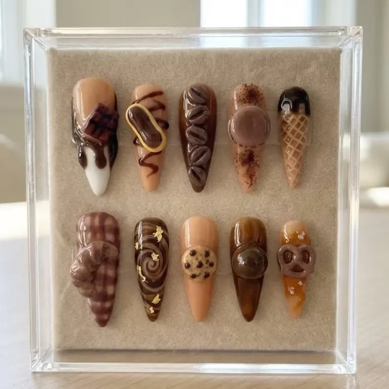 3D café romance, gourmet press on, press on nails, custom press on nails, fake nails, Nails Art, stained glass nails, gold press on nails, 3d press on nails, luxury press on nails, handmade press on nails