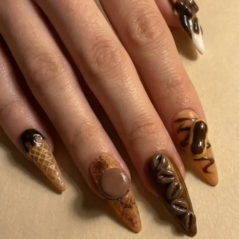 press on nails, café themed nails, custom press on nails, fake nails, Nails Art, stained glass nails, gold press on nails, 3d press on nails, luxury press on nails, handmade press on nails