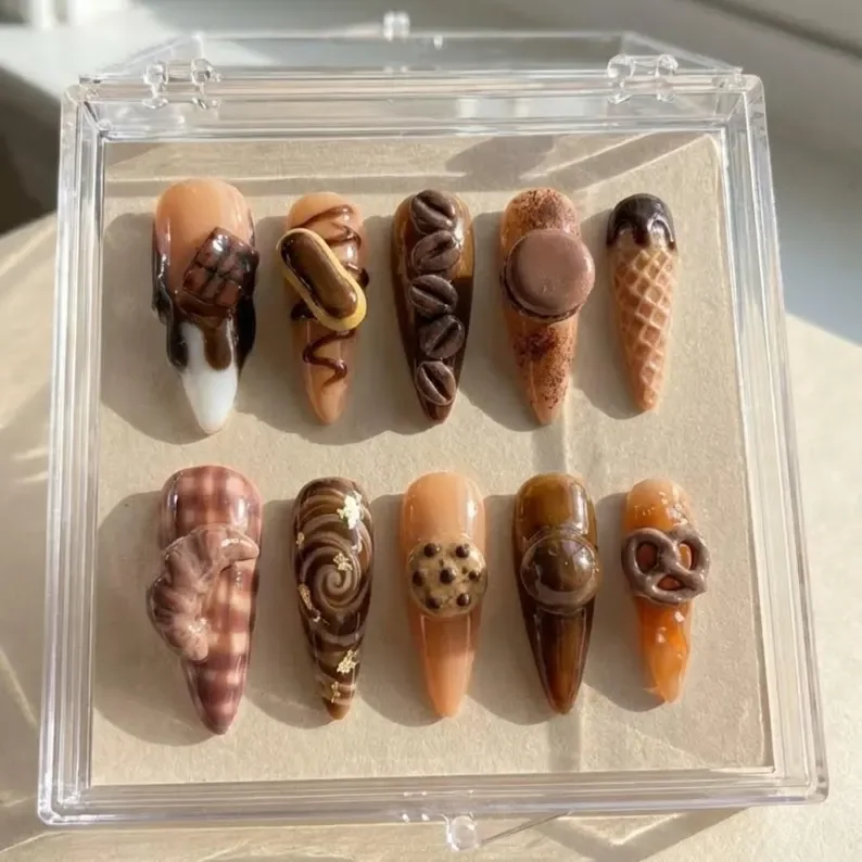 coffee nail art, bakery nail art, press on nails, custom press on nails, fake nails, Nails Art, stained glass nails, gold press on nails, 3d press on nails, luxury press on nails, handmade press on nails
