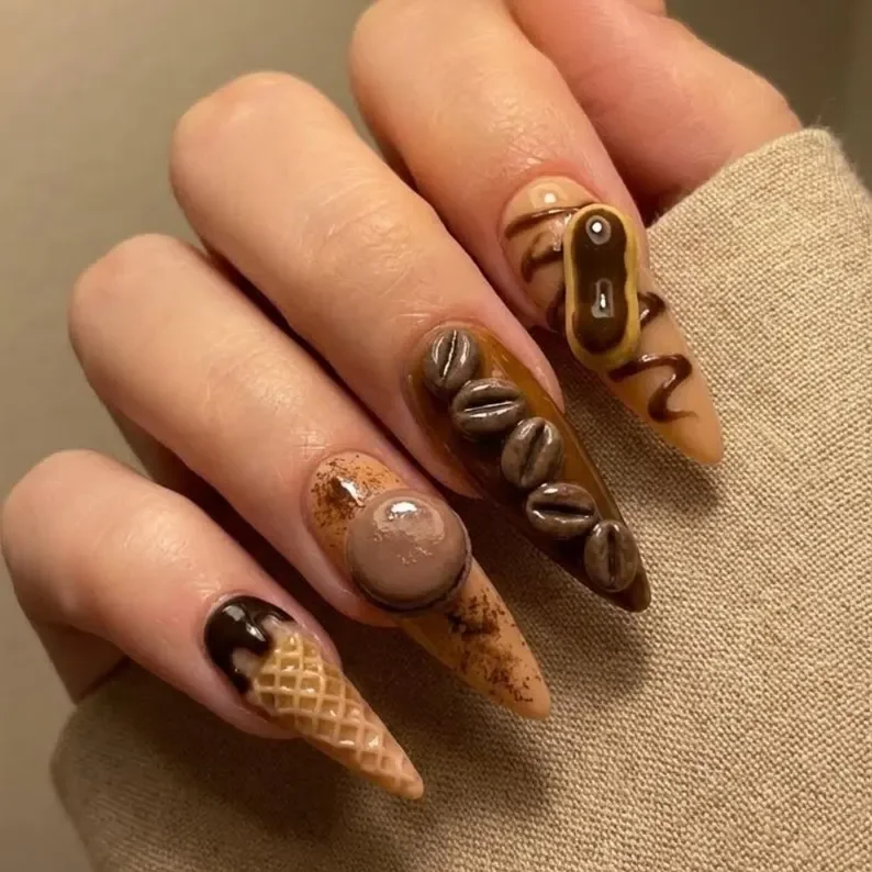 press on nails, café themed nails, custom press on nails, fake nails, Nails Art, stained glass nails, gold press on nails, 3d press on nails, luxury press on nails, handmade press on nails