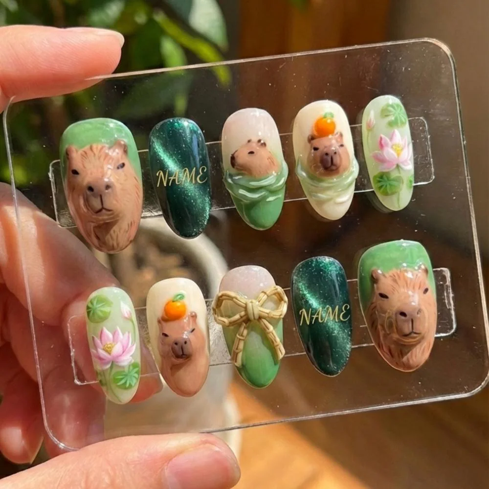 3D Capybara nails, press on nails, custom press on nails, fake nails, Nails Art, stained glass nails, gold press on nails, 3d press on nails, luxury press on nails, handmade press on nails