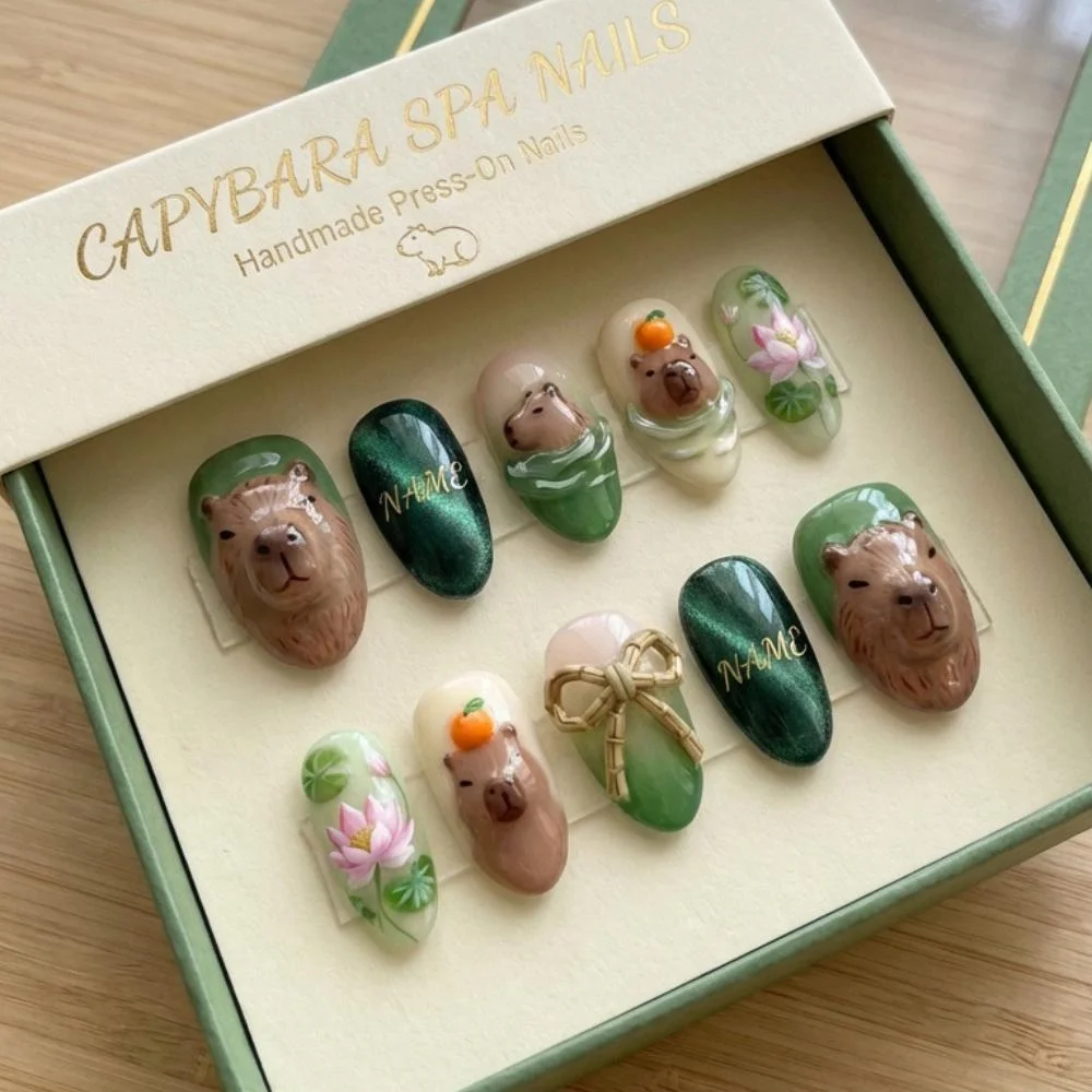capybara nail art, 3D animal nails, press on nails, custom press on nails, fake nails, Nails Art, stained glass nails, gold press on nails, 3d press on nails, luxury press on nails, handmade press on nails