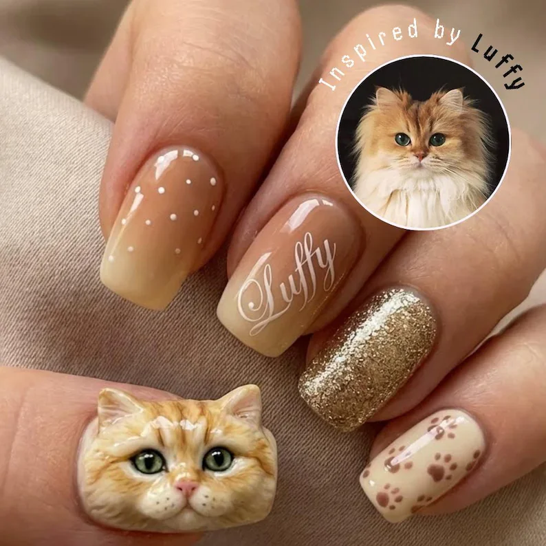 3D Cat Portrait, Press On Nails, press on nails, custom press on nails, fake nails, Nails Art, stained glass nails, gold press on nails, 3d press on nails, luxury press on nails, handmade press on nails