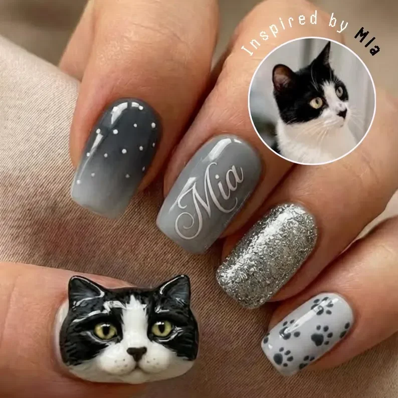 Pet Name Nails, Cat Themed Nails, press on nails, custom press on nails, fake nails, Nails Art, stained glass nails, gold press on nails, 3d press on nails, luxury press on nails, handmade press on nails
