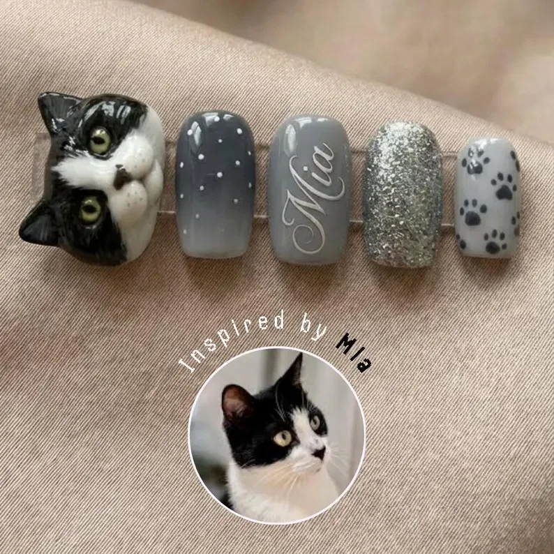 Gel Press On, Custom Cat Nails, press on nails, custom press on nails, fake nails, Nails Art, stained glass nails, gold press on nails, 3d press on nails, luxury press on nails, handmade press on nails