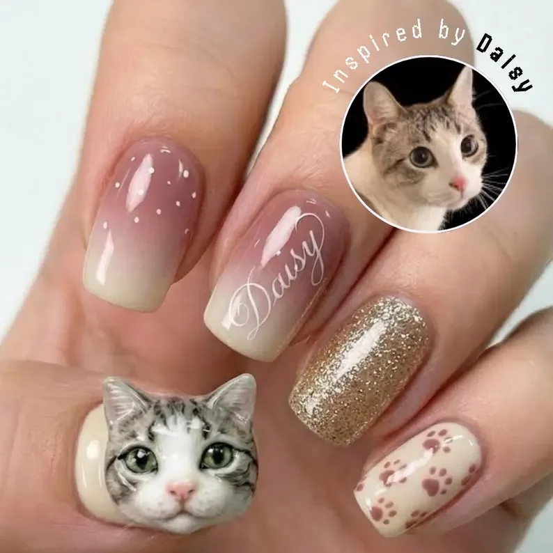 3D Cat Nails, 3D Cat Portrait, press on nails, custom press on nails, fake nails, Nails Art, stained glass nails, gold press on nails, 3d press on nails, luxury press on nails, handmade press on nails