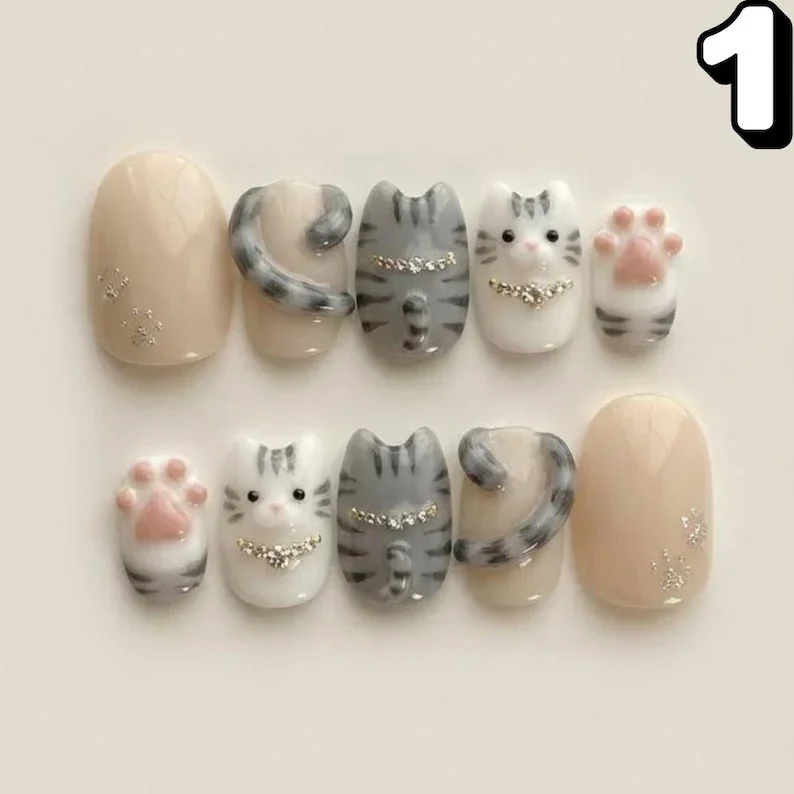 3D cat press on, Kawaii kitten nails, press on nails, custom press on nails, fake nails, Nails Art, stained glass nails, gold press on nails, 3d press on nails, luxury press on nails, handmade press on nails