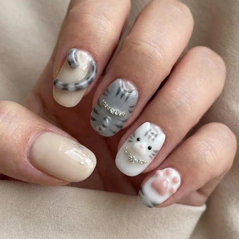 press on nail art, 3D cat nails, press on nails, custom press on nails, fake nails, Nails Art, stained glass nails, gold press on nails, 3d press on nails, luxury press on nails, handmade press on nails