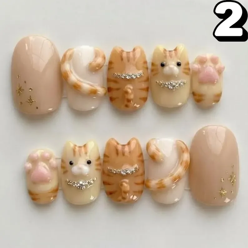 kitten nail design, cute cat manicure, press on nails, custom press on nails, fake nails, Nails Art, stained glass nails, gold press on nails, 3d press on nails, luxury press on nails, handmade press on nails