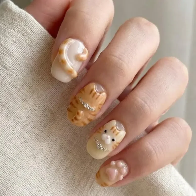 false cat nails, kawaii nail art, press on nails, custom press on nails, fake nails, Nails Art, stained glass nails, gold press on nails, 3d press on nails, luxury press on nails, handmade press on nails