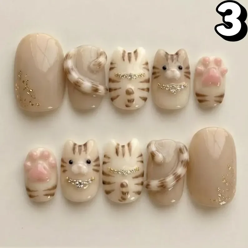 3D cat press on, Kawaii kitten nails, press on nails, custom press on nails, fake nails, Nails Art, stained glass nails, gold press on nails, 3d press on nails, luxury press on nails, handmade press on nails