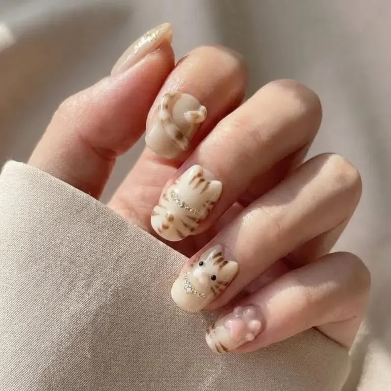 press on nail art, 3D cat nails, press on nails, custom press on nails, fake nails, Nails Art, stained glass nails, gold press on nails, 3d press on nails, luxury press on nails, handmade press on nails