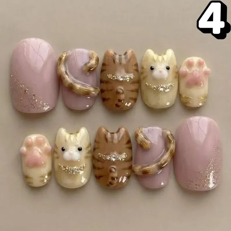 kitten nail design, cute cat manicure, press on nails, custom press on nails, fake nails, Nails Art, stained glass nails, gold press on nails, 3d press on nails, luxury press on nails, handmade press on nails