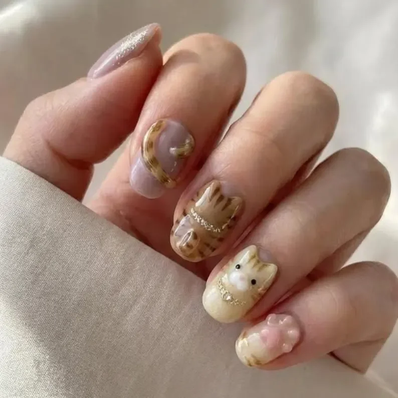 false cat nails, kawaii nail art, press on nails, custom press on nails, fake nails, Nails Art, stained glass nails, gold press on nails, 3d press on nails, luxury press on nails, handmade press on nails