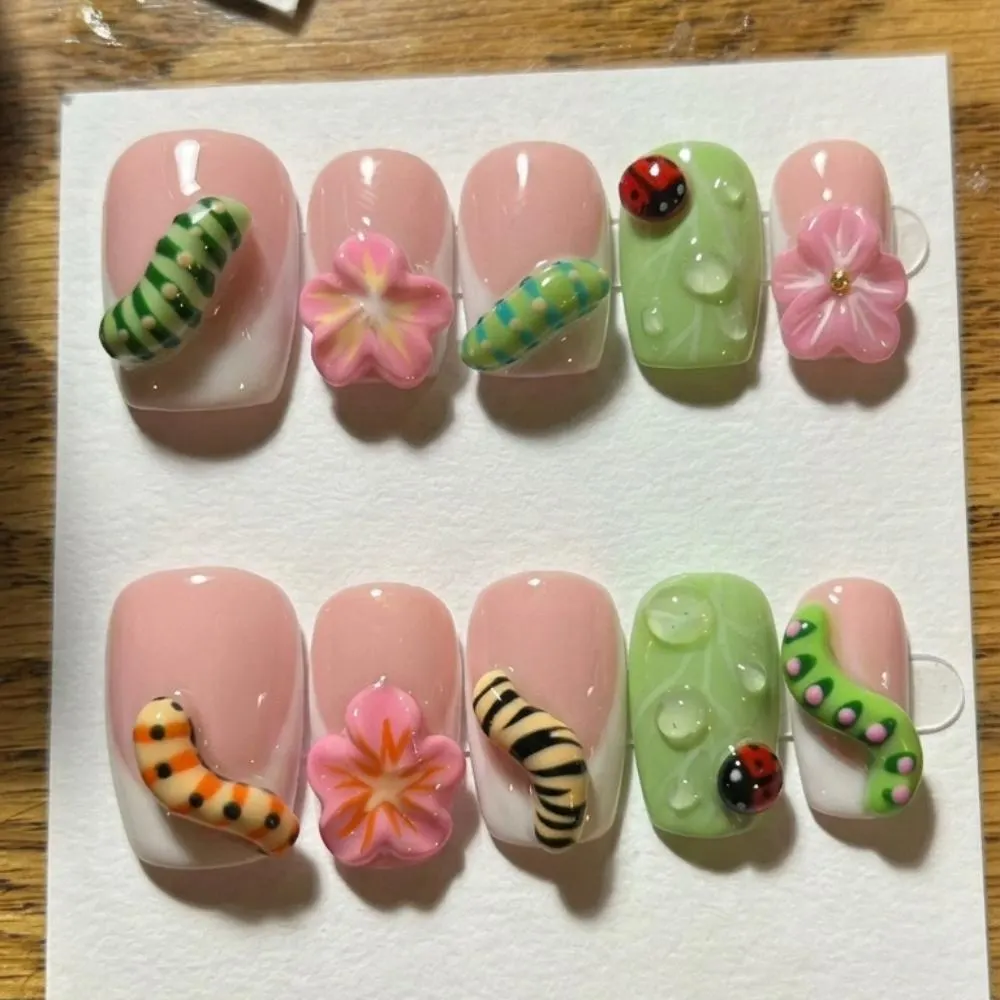 3D Caterpillar, Ladybug Press On, press on nails, custom press on nails, fake nails, Nails Art, stained glass nails, gold press on nails, 3d press on nails, luxury press on nails, handmade press on nails