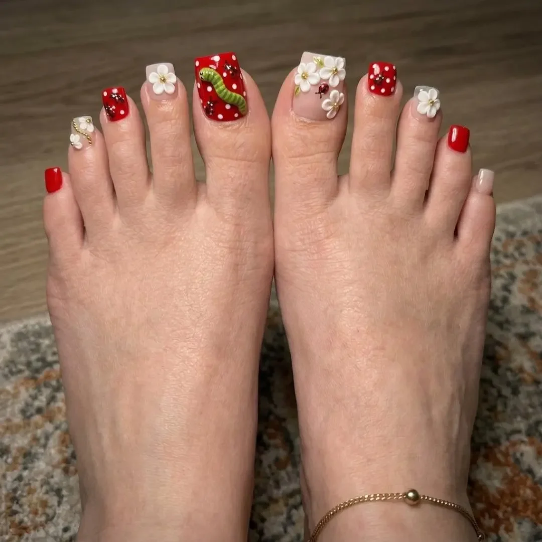 Whimsical Garden Art, Red Polka Dot, press on nails, custom press on nails, fake nails, Nails Art, stained glass nails, gold press on nails, 3d press on nails, luxury press on nails, handmade press on nails