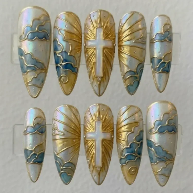 3D Celestial Cross, Press On Nails, press on nails, custom press on nails, fake nails, Nails Art, stained glass nails, gold press on nails, 3d press on nails, luxury press on nails, handmade press on nails