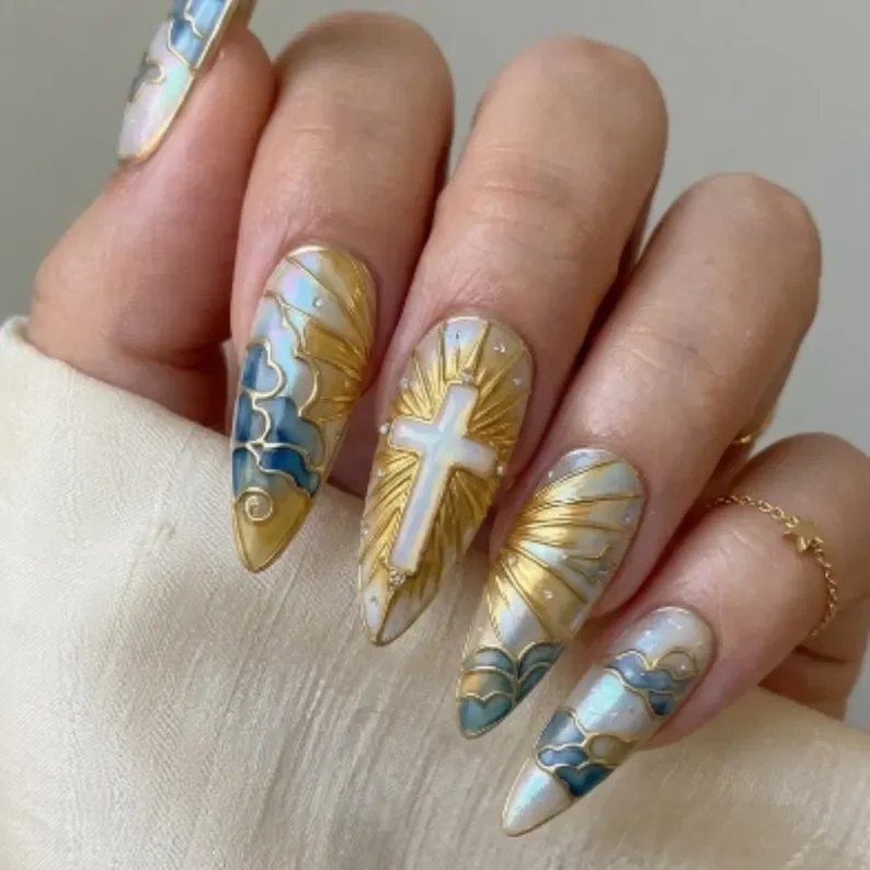 Stained Glass, Sky Angelcore, press on nails, custom press on nails, fake nails, Nails Art, stained glass nails, gold press on nails, 3d press on nails, luxury press on nails, handmade press on nails