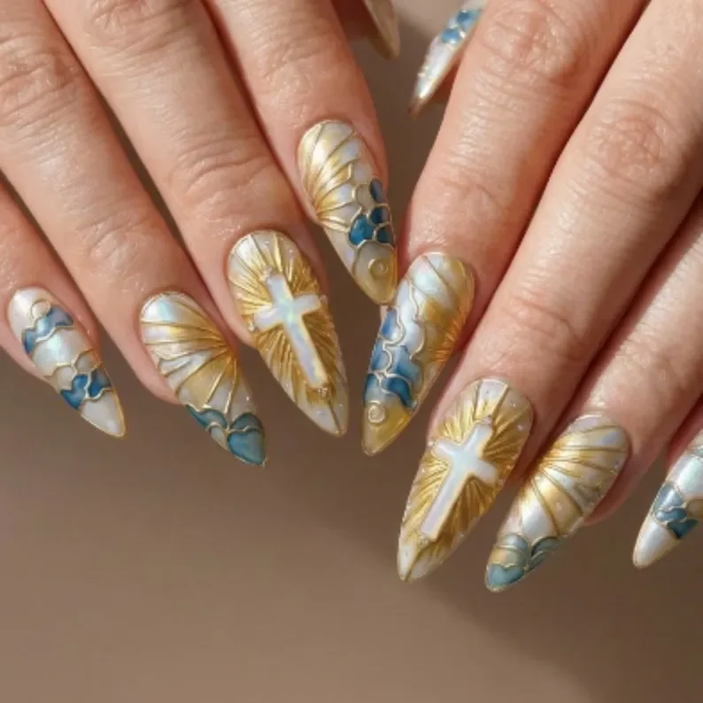 Angelcore Nails, Cross Nail Art, press on nails, custom press on nails, fake nails, Nails Art, stained glass nails, gold press on nails, 3d press on nails, luxury press on nails, handmade press on nails