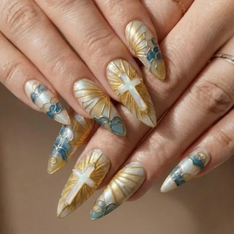 Celestial Nails, 3D Cross Nails, press on nails, custom press on nails, fake nails, Nails Art, stained glass nails, gold press on nails, 3d press on nails, luxury press on nails, handmade press on nails