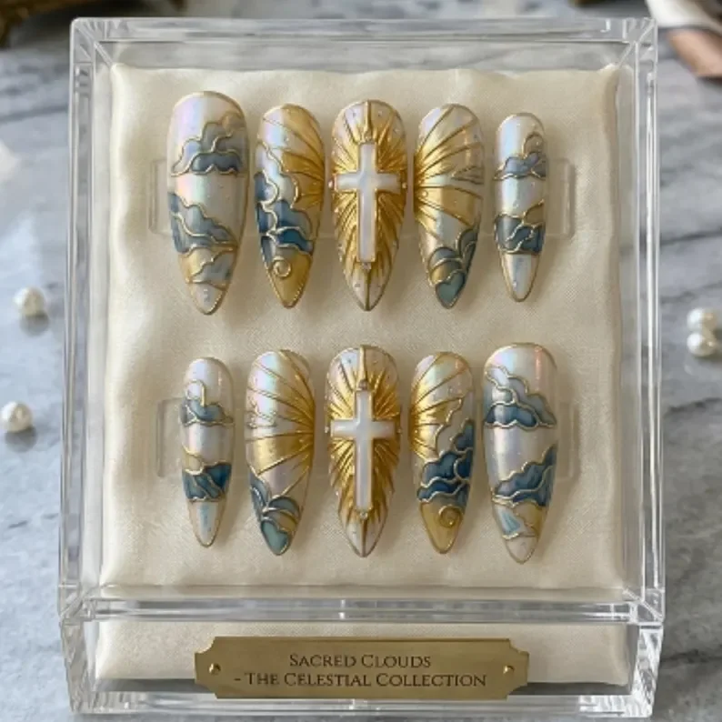 Sky Themed Nails, 3D Celestial Cross, press on nails, custom press on nails, fake nails, Nails Art, stained glass nails, gold press on nails, 3d press on nails, luxury press on nails, handmade press on nails