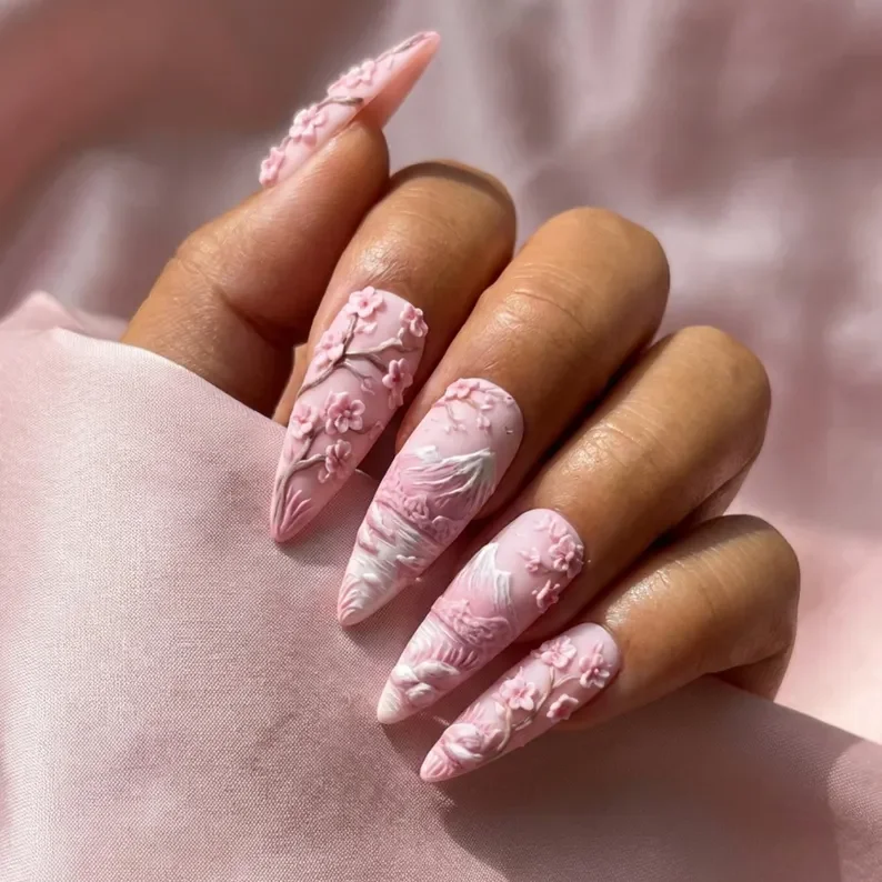3D Cherry Blossom, Mt. Fuji Nails, press on nails, custom press on nails, fake nails, Nails Art, stained glass nails, gold press on nails, 3d press on nails, luxury press on nails, handmade press on nails