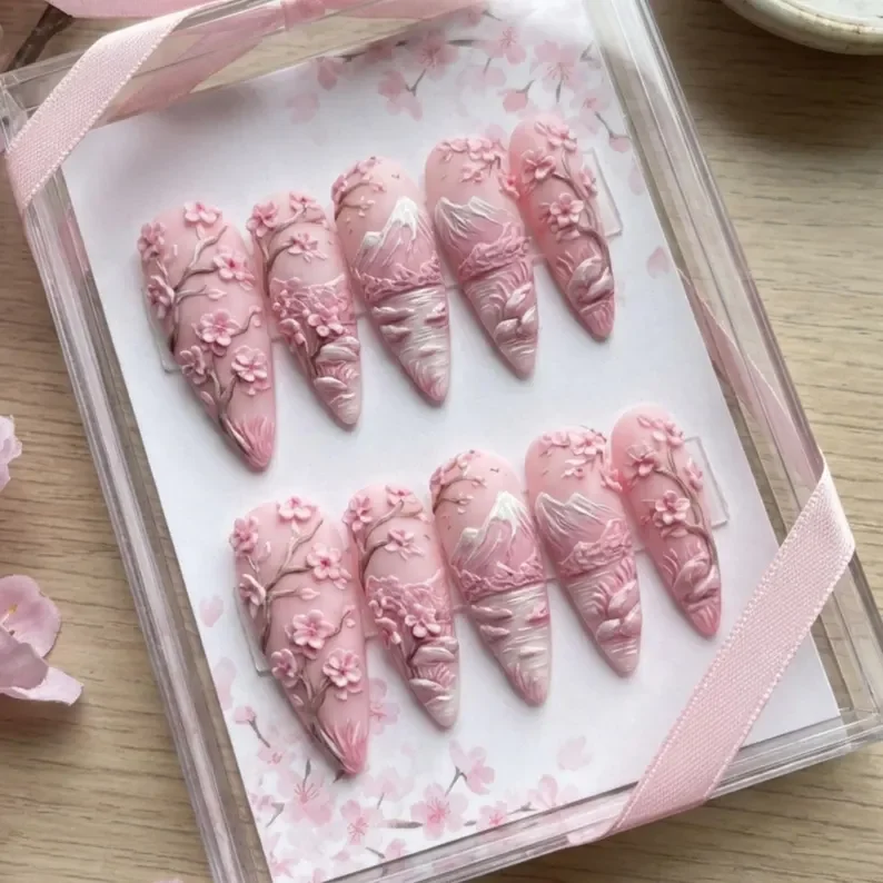 Press On Nails, Pink Sakura, press on nails, custom press on nails, fake nails, Nails Art, stained glass nails, gold press on nails, 3d press on nails, luxury press on nails, handmade press on nails