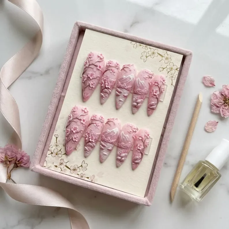 3D Cherry Blossom, Mt. Fuji Nails, press on nails, custom press on nails, fake nails, Nails Art, stained glass nails, gold press on nails, 3d press on nails, luxury press on nails, handmade press on nails