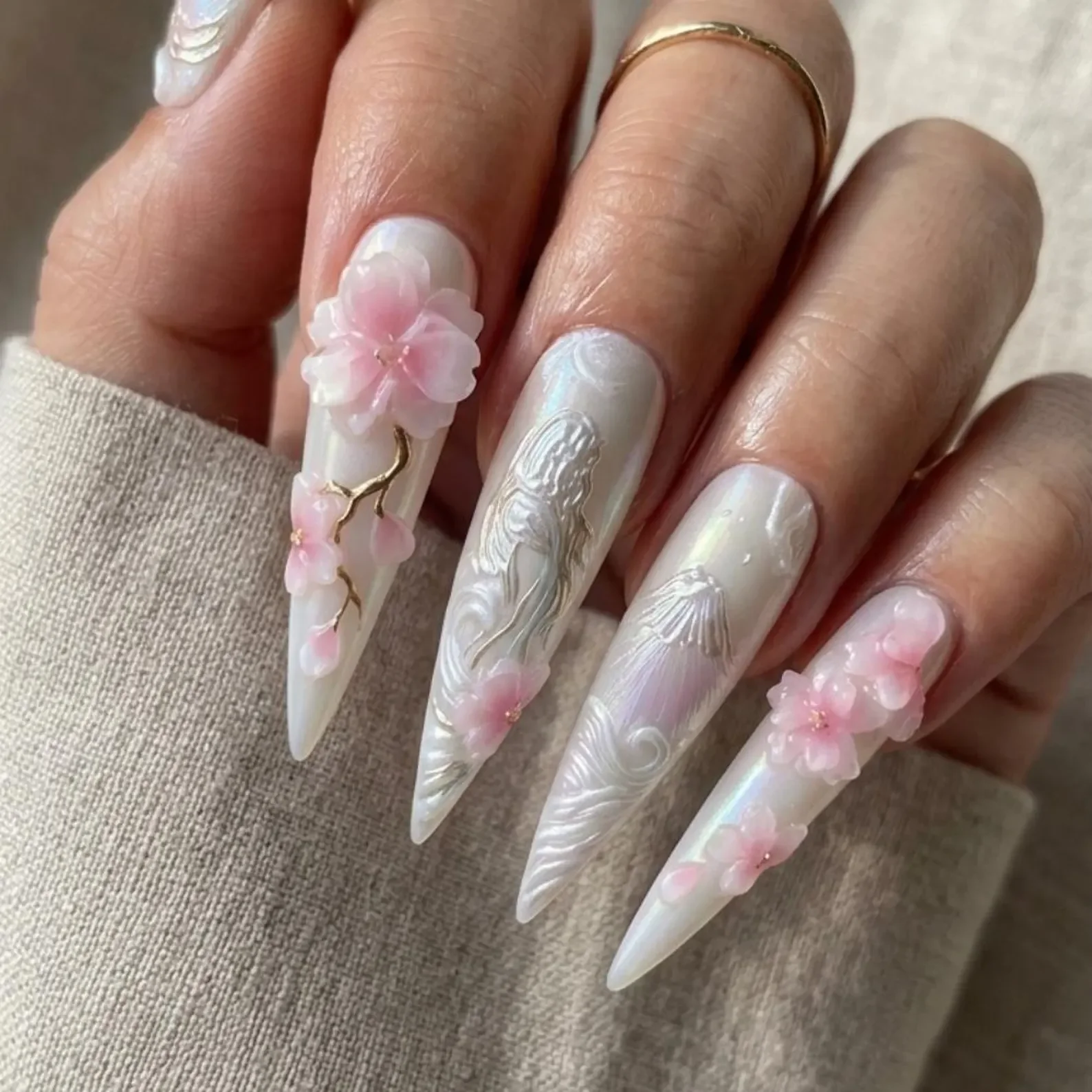 3D cherry blossom nails, Japanese art press ons, press on nails, custom press on nails, fake nails, Nails Art, stained glass nails, gold press on nails, 3d press on nails, luxury press on nails, handmade press on nails