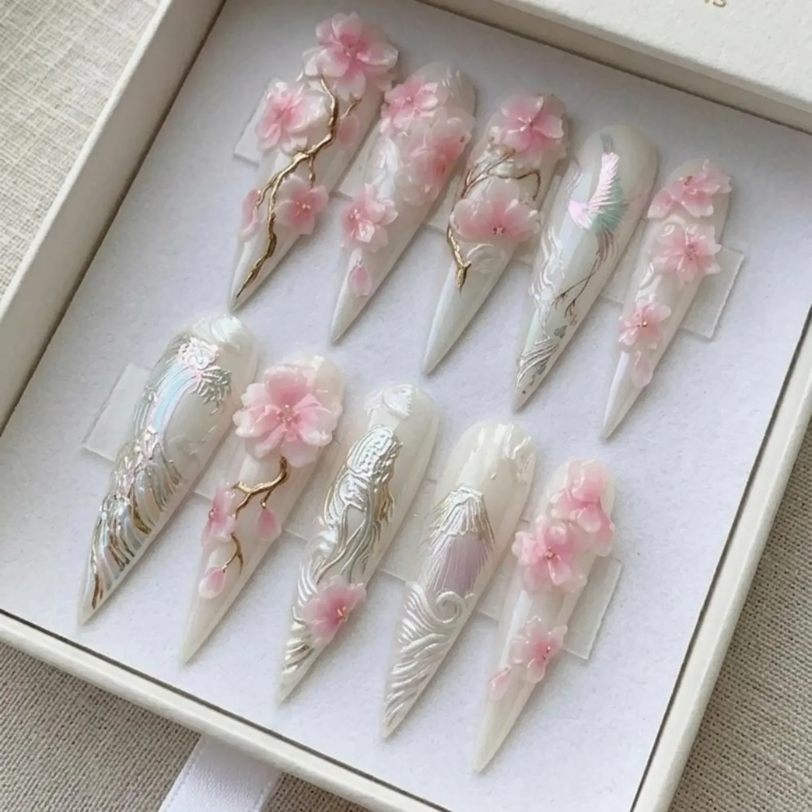 3D floral nails, cherry blossom design, press on nails, custom press on nails, fake nails, Nails Art, stained glass nails, gold press on nails, 3d press on nails, luxury press on nails, handmade press on nails