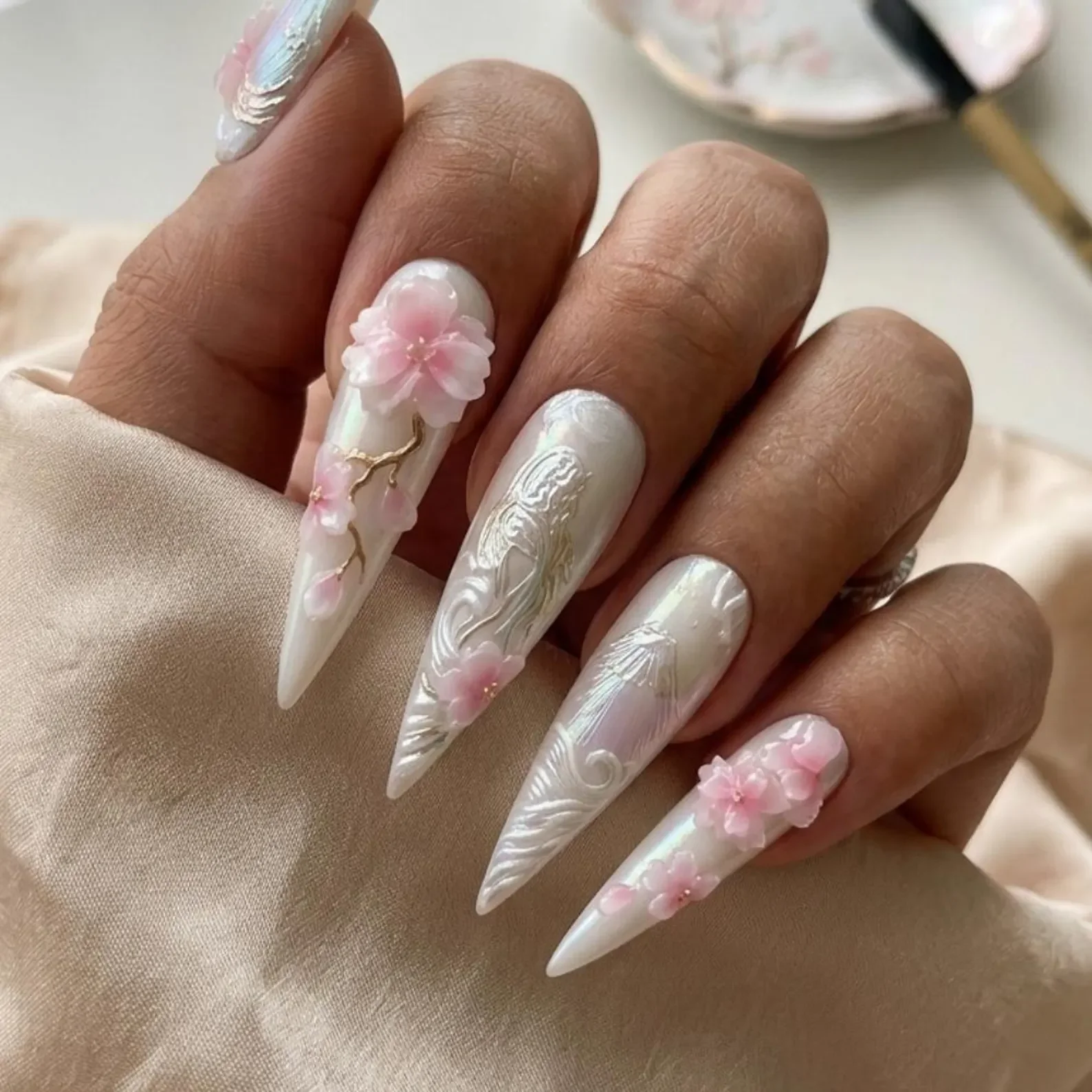 3D cherry blossom nails, Japanese art press ons, press on nails, custom press on nails, fake nails, Nails Art, stained glass nails, gold press on nails, 3d press on nails, luxury press on nails, handmade press on nails