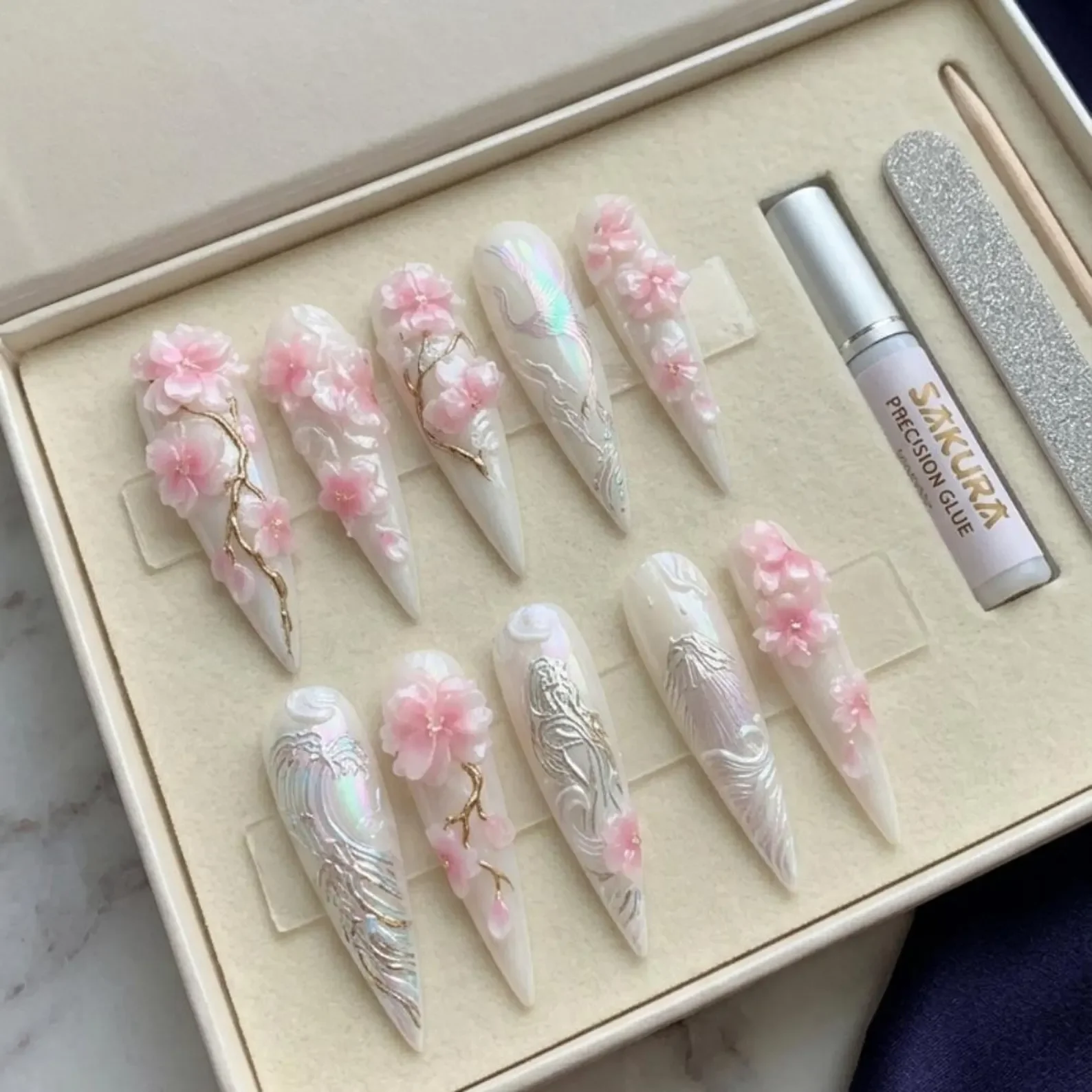 Mt Fuji nails, crane wave design, press on nails, custom press on nails, fake nails, Nails Art, stained glass nails, gold press on nails, 3d press on nails, luxury press on nails, handmade press on nails