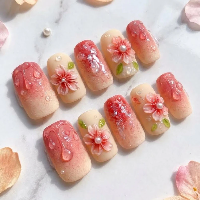 Pink Nude Nails, Floral Water Drop, press on nails, custom press on nails, fake nails, Nails Art, stained glass nails, gold press on nails, 3d press on nails, luxury press on nails, handmade press on nails