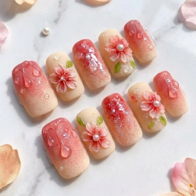 3D Cherry Blossom, Press On Nails, press on nails, custom press on nails, fake nails, Nails Art, stained glass nails, gold press on nails, 3d press on nails, luxury press on nails, handmade press on nails