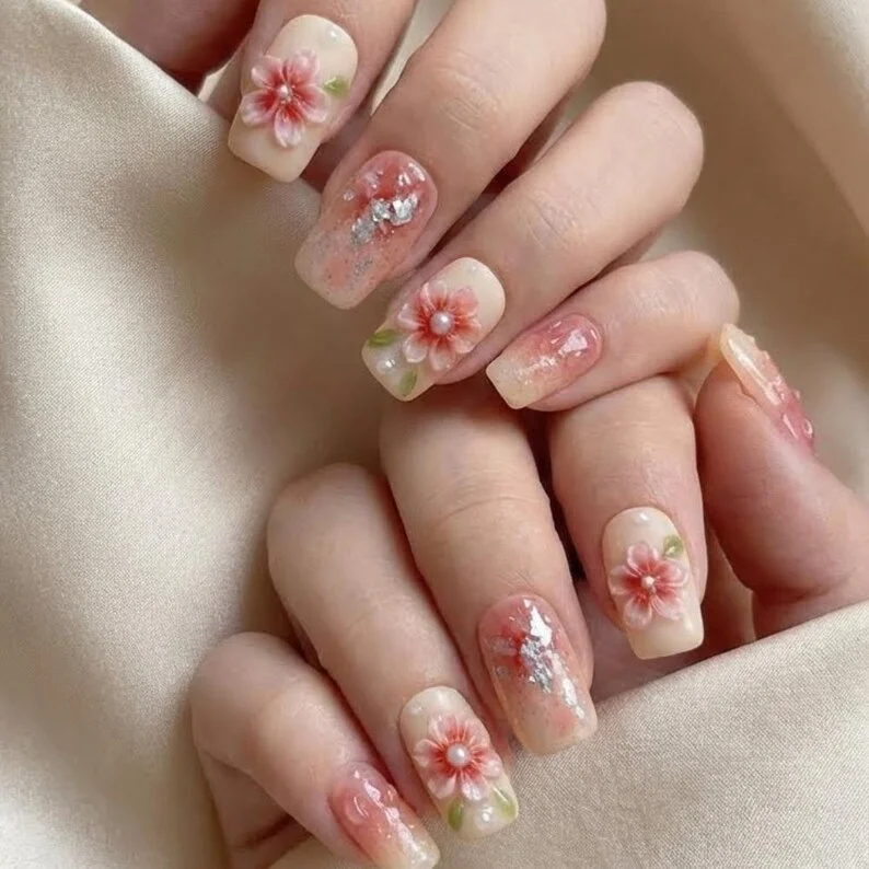 Pink Nude Nails, Floral Water Drop, press on nails, custom press on nails, fake nails, Nails Art, stained glass nails, gold press on nails, 3d press on nails, luxury press on nails, handmade press on nails