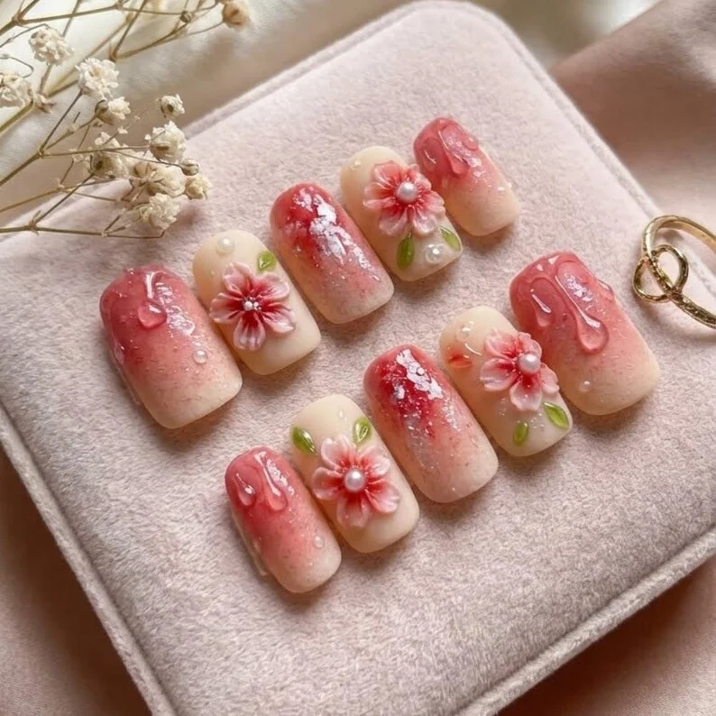 Water Drop Nail Art, Nude Pink Manicure, press on nails, custom press on nails, fake nails, Nails Art, stained glass nails, gold press on nails, 3d press on nails, luxury press on nails, handmade press on nails