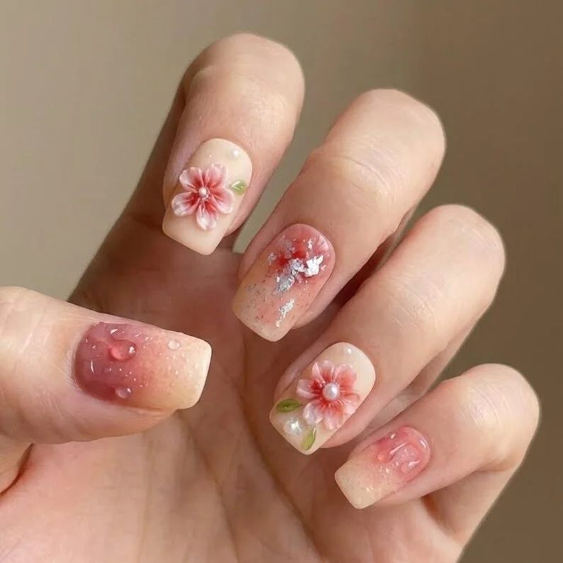 3D Floral Nails, Cherry Blossom Nails, press on nails, custom press on nails, fake nails, Nails Art, stained glass nails, gold press on nails, 3d press on nails, luxury press on nails, handmade press on nails