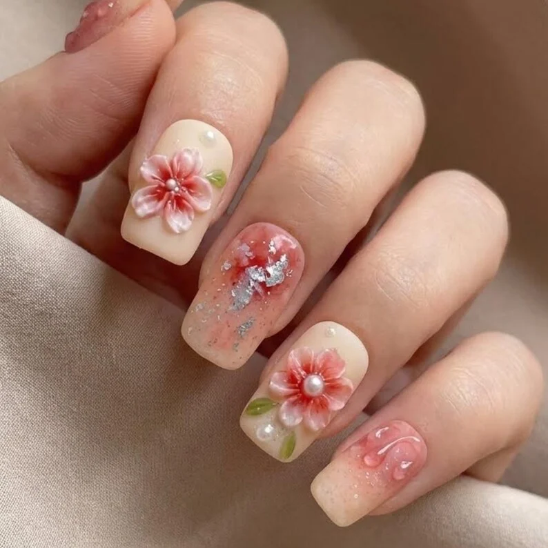 3D Cherry Blossom, Press On Nails, press on nails, custom press on nails, fake nails, Nails Art, stained glass nails, gold press on nails, 3d press on nails, luxury press on nails, handmade press on nails