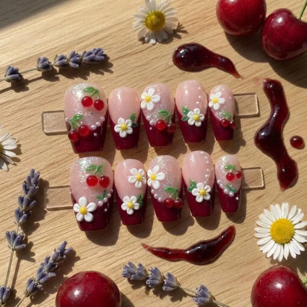 3D Cherry Daisy, Press On Nails, press on nails, custom press on nails, fake nails, Nails Art, stained glass nails, gold press on nails, 3d press on nails, luxury press on nails, handmade press on nails