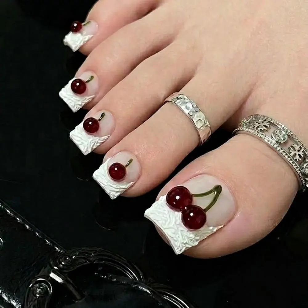 3D Cherry Nails, French Tip Toes, press on nails, custom press on nails, fake nails, Nails Art, stained glass nails, gold press on nails, 3d press on nails, luxury press on nails, handmade press on nails