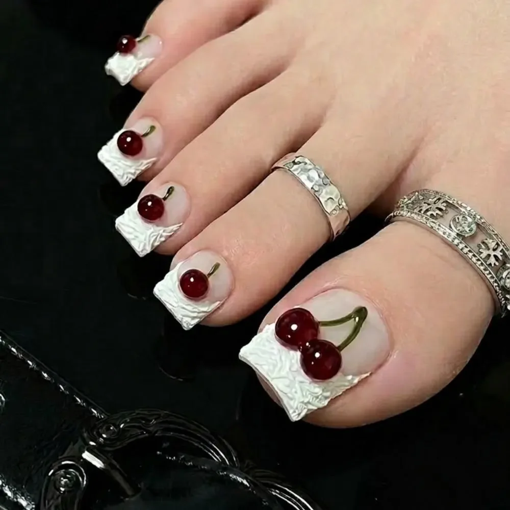 3D Cherry Nails, French Tip Toes, press on nails, custom press on nails, fake nails, Nails Art, stained glass nails, gold press on nails, 3d press on nails, luxury press on nails, handmade press on nails