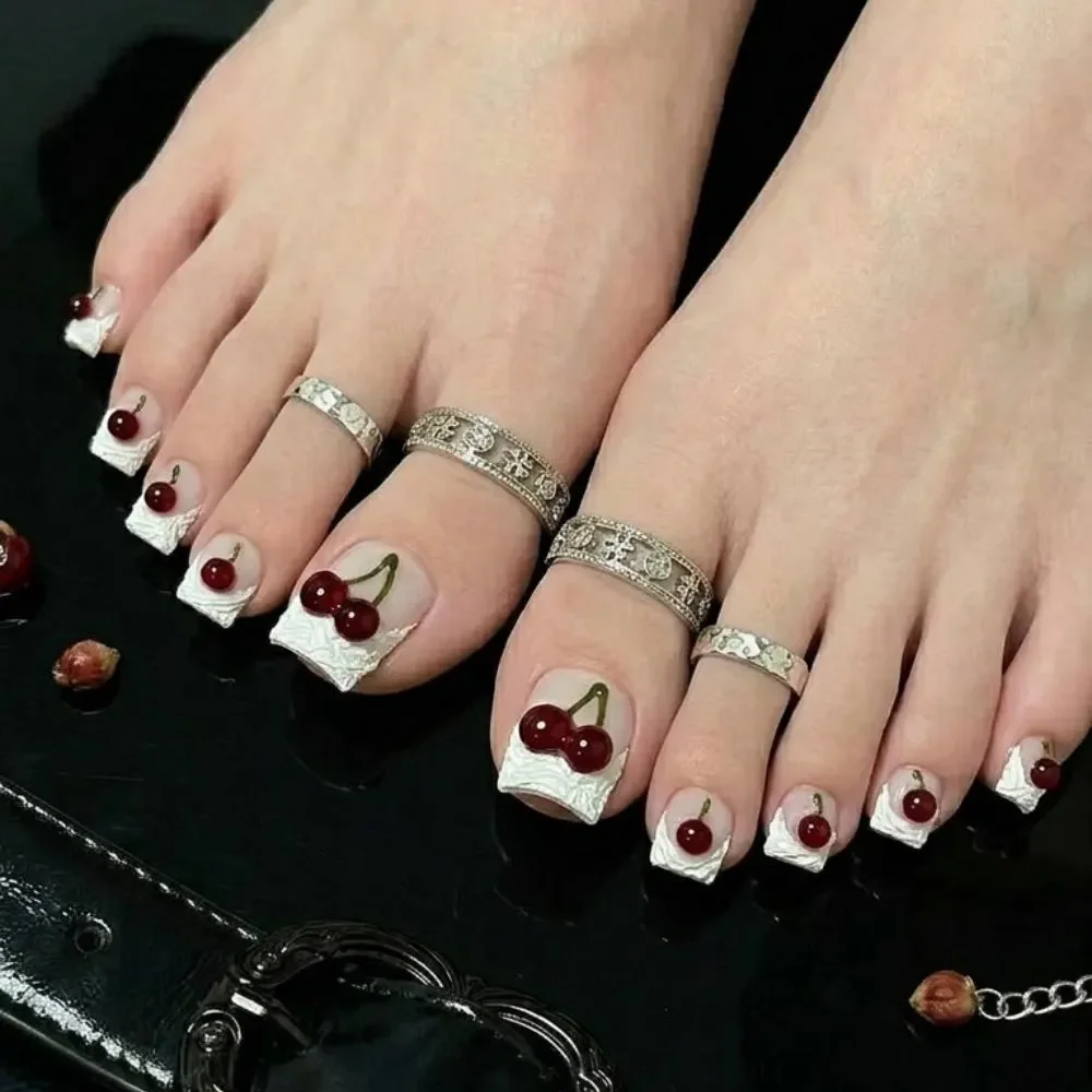 Y2K Girly Pedi, Cherry French Tips, press on nails, custom press on nails, fake nails, Nails Art, stained glass nails, gold press on nails, 3d press on nails, luxury press on nails, handmade press on nails