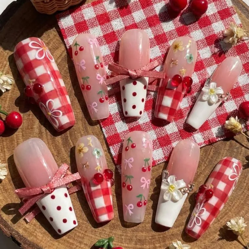 3D Cherry Nails, Gingham Picnic, press on nails, custom press on nails, fake nails, Nails Art, stained glass nails, gold press on nails, 3d press on nails, luxury press on nails, handmade press on nails