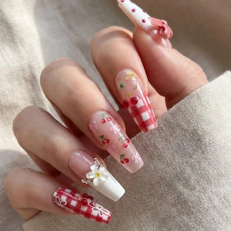 Red Bow Nail Art, Valentine Nail Set, press on nails, custom press on nails, fake nails, Nails Art, stained glass nails, gold press on nails, 3d press on nails, luxury press on nails, handmade press on nails