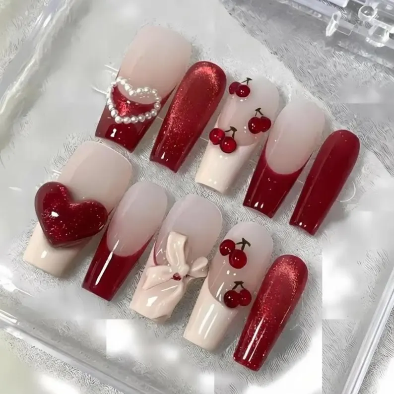 Red Glitter, Valentine’s Day Nails, press on nails, custom press on nails, fake nails, Nails Art, stained glass nails, gold press on nails, 3d press on nails, luxury press on nails, handmade press on nails