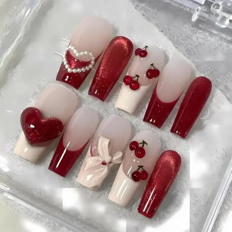 3D Cherry Heart, Press On Nails, press on nails, custom press on nails, fake nails, Nails Art, stained glass nails, gold press on nails, 3d press on nails, luxury press on nails, handmade press on nails