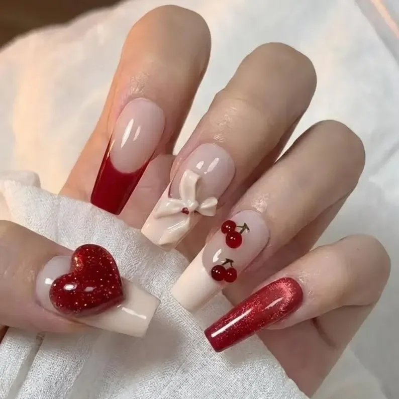 Red Glitter, Valentine’s Day Nails, press on nails, custom press on nails, fake nails, Nails Art, stained glass nails, gold press on nails, 3d press on nails, luxury press on nails, handmade press on nails